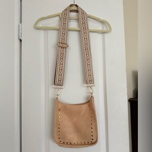 Beige Suede Crossbody Bag with Studded Trim